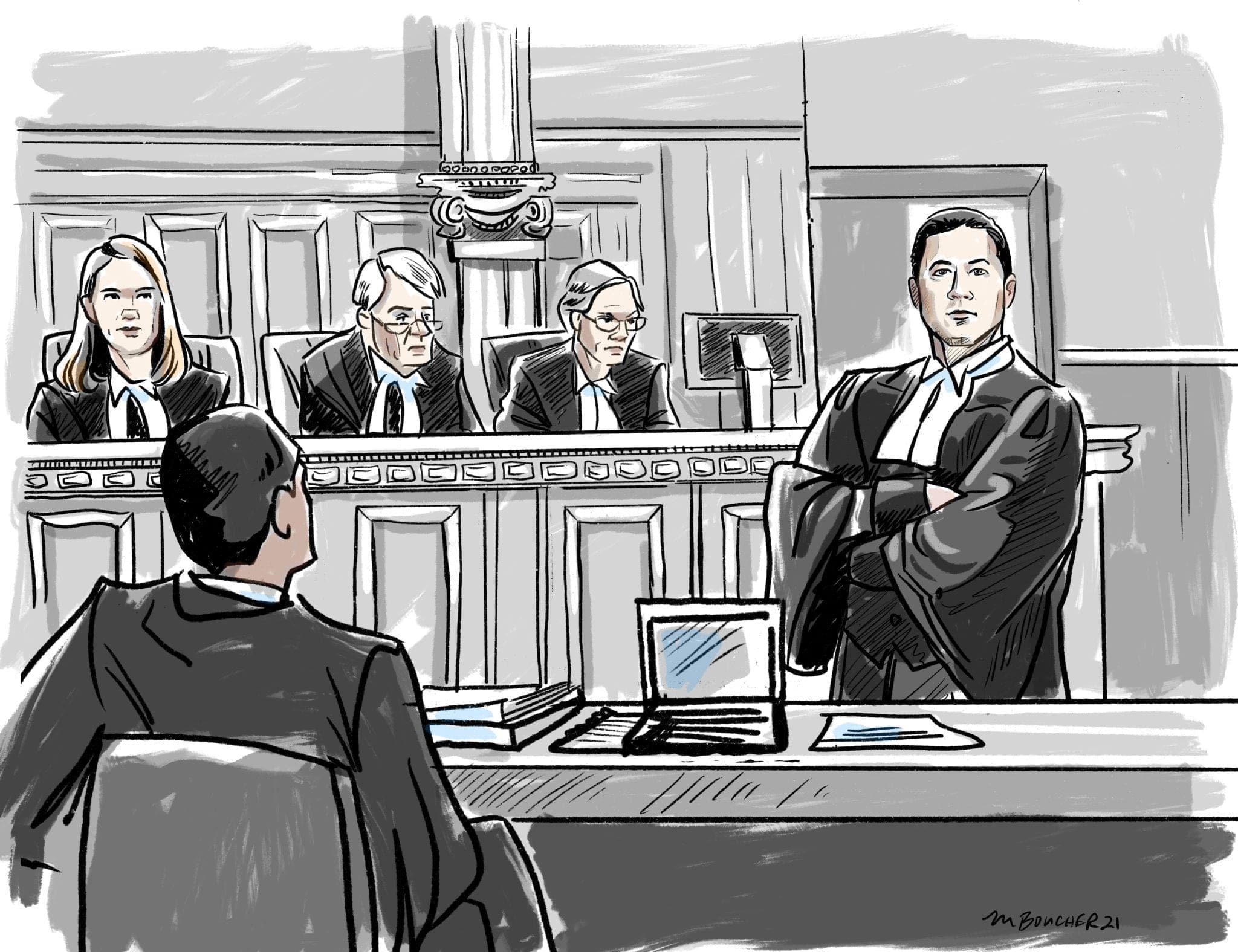 Court sketch of Mark Halfyard arguing a criminal appeal before a panel of judges