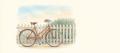 Coloured-pencil drawing of an orange bicycle leaning against a white picket fence in front of a green hedge on a sunny day