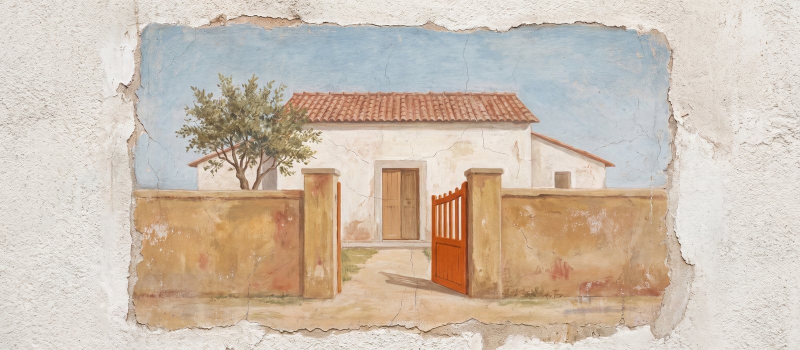 Fresco mural of a whitewashed house behind an ochre garden wall with an open orange garden gate
