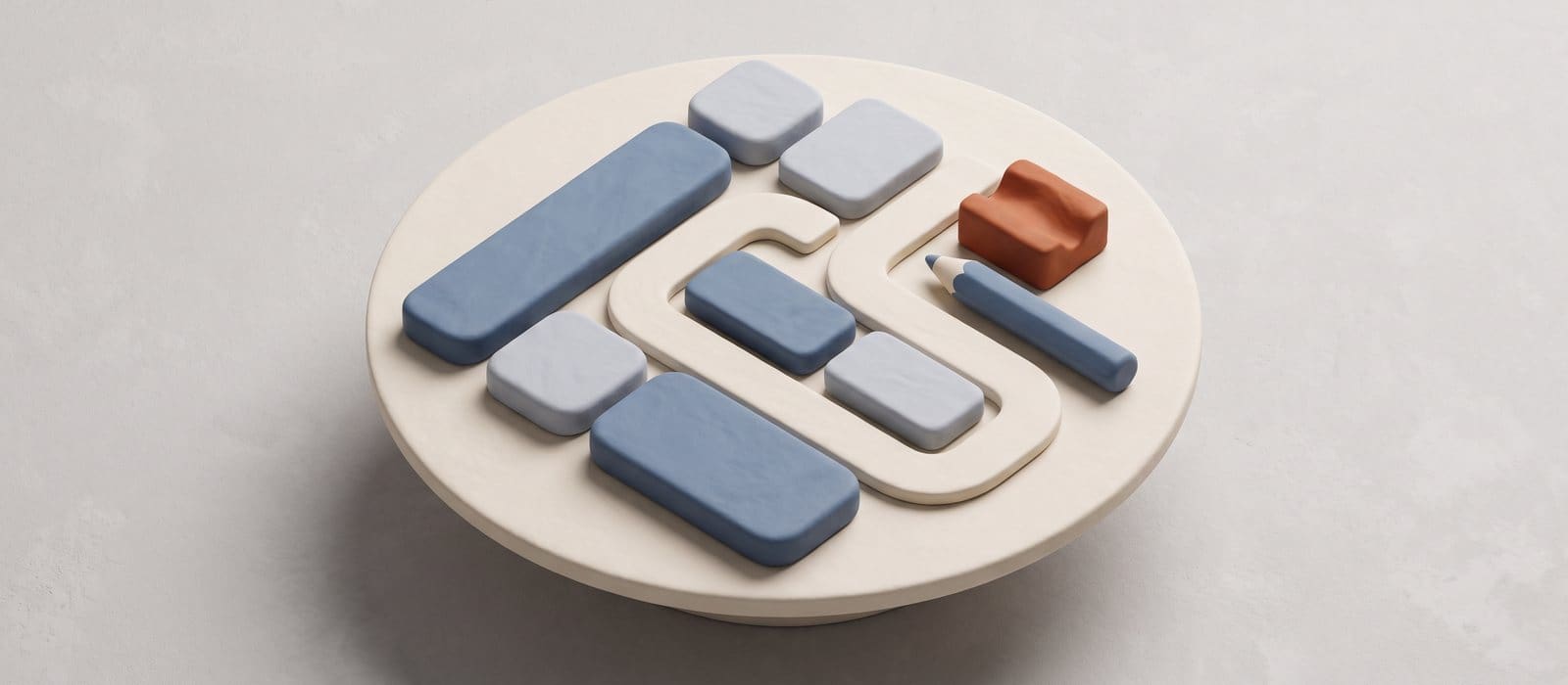 Clay-style 3D planning board with blocks arranged into a plan