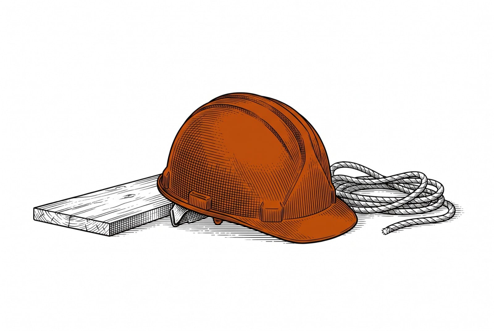 Etching of an orange hard hat lying on its side beside a fallen wooden scaffold plank and a coil of rope, on white paper