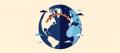Vintage travel-poster illustration of a globe with an orange route arc linking North America and Europe