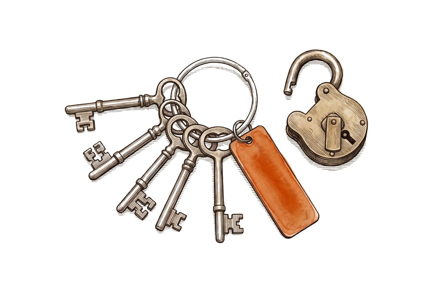Etching of a ring of old house keys beside an open brass padlock, on white paper