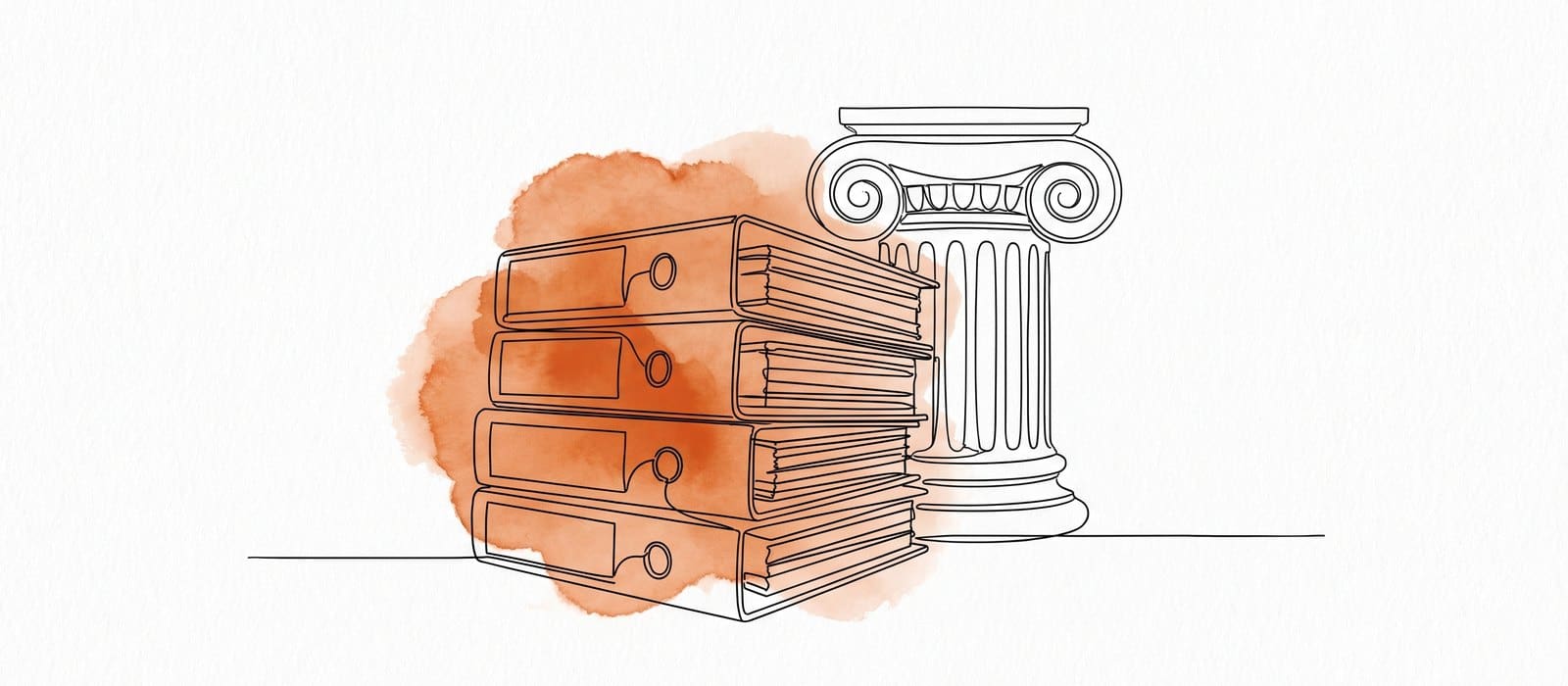Single-line ink drawing of a stack of case binders beside a classical column capital, with a burnt-orange watercolour wash
