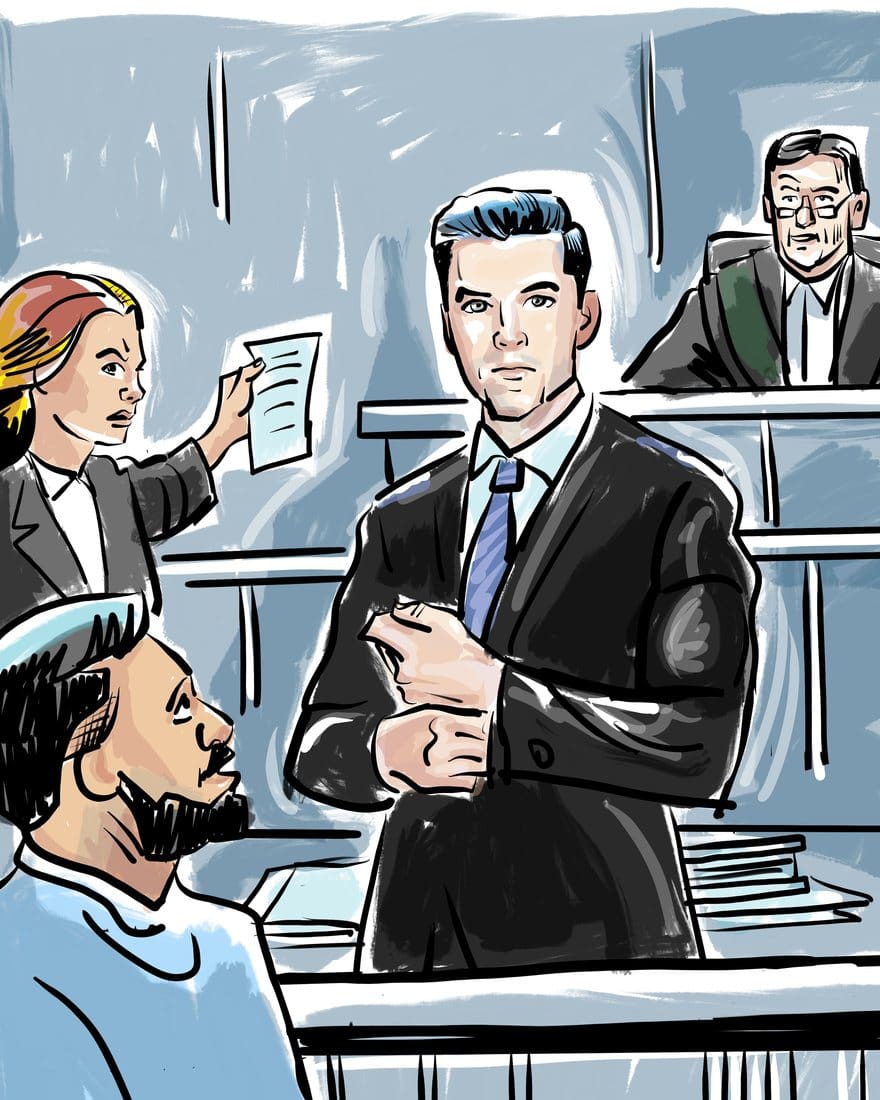 Court sketch of defence counsel in a suit as Crown counsel holds up an exhibit, with the accused and the judge nearby