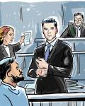 Court sketch of defence counsel in a suit as Crown counsel holds up an exhibit, with the accused and the judge nearby