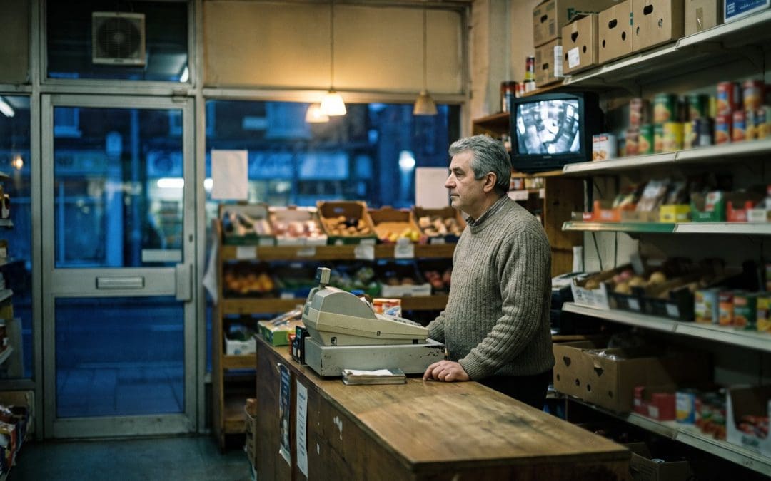 Shop owner standing at his counter at night watching the door, a closed-circuit security monitor on the shelf beside him