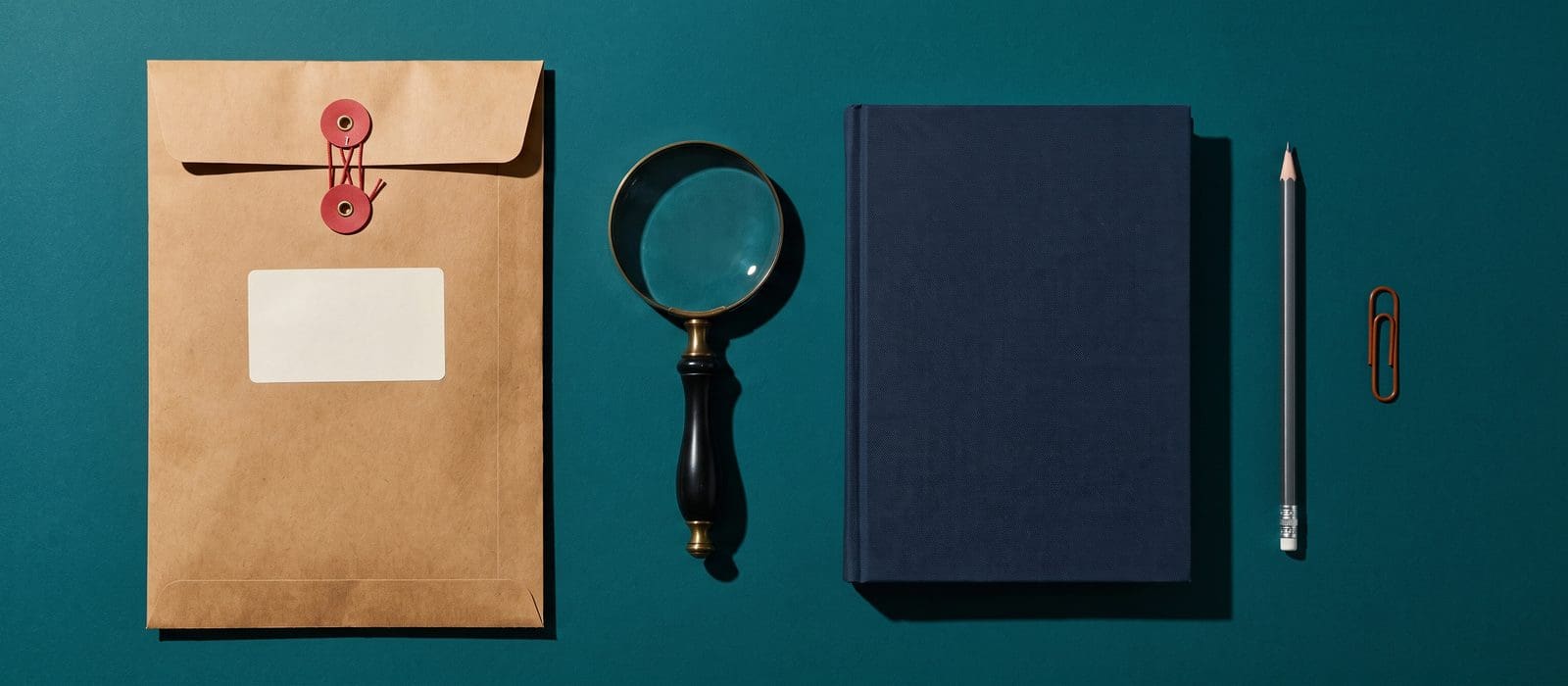 A sealed kraft evidence envelope, a magnifying glass, a navy case binder, a pencil and an orange paper clip laid out on deep teal paper, representing a careful review of the evidence in a drug possession case