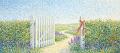 Pointillist painting of a white garden gate standing open onto a sunny path, a burnt-orange ribbon on the gatepost
