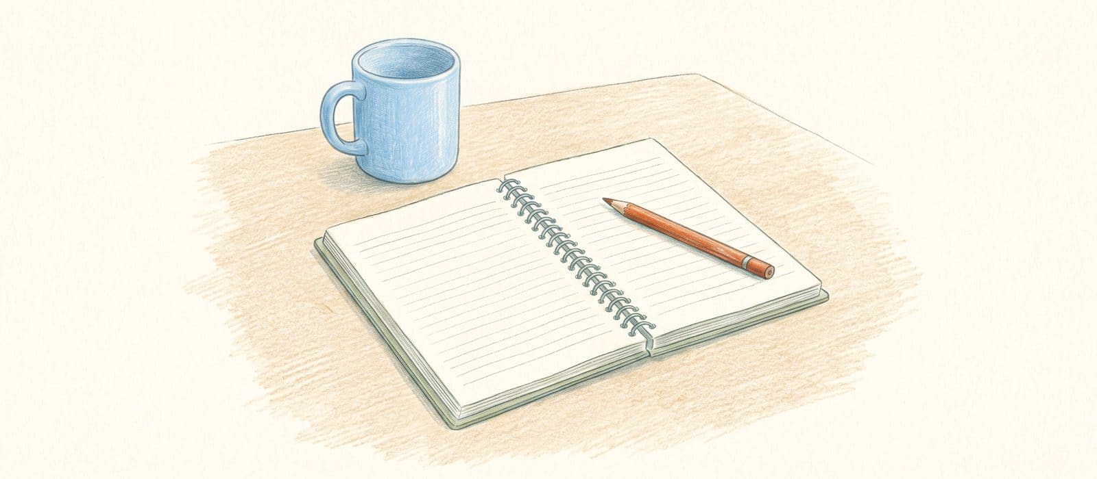 Coloured-pencil drawing of an open blank notebook with an orange pencil across the pages and a pale blue mug on a sand-coloured table