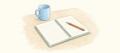 Coloured-pencil drawing of an open blank notebook with an orange pencil across the pages and a pale blue mug on a sand-coloured table