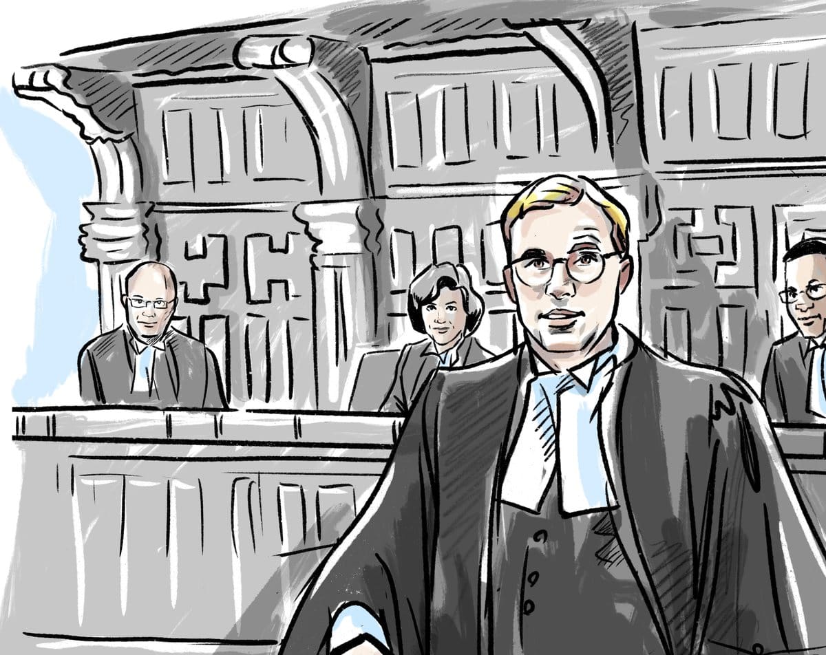 Court sketch of robed defence counsel standing before the bench in a historic wood-panelled courtroom