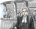 Court sketch of robed defence counsel standing before the bench in a historic wood-panelled courtroom