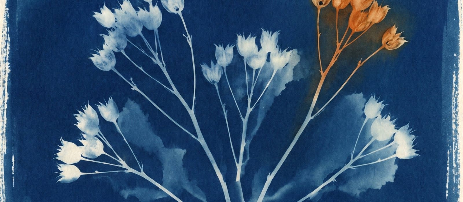 Cyanotype sun print of a spray of seed heads in white on deep blue, one seed head tinted burnt orange