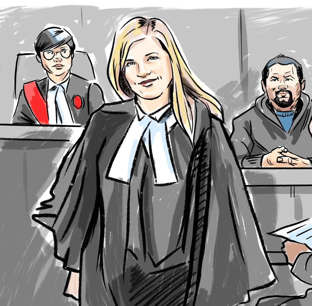 Court sketch of robed defence counsel at trial, with the judge and the accused behind
