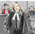 Court sketch of robed defence counsel at trial, with the judge and the accused behind