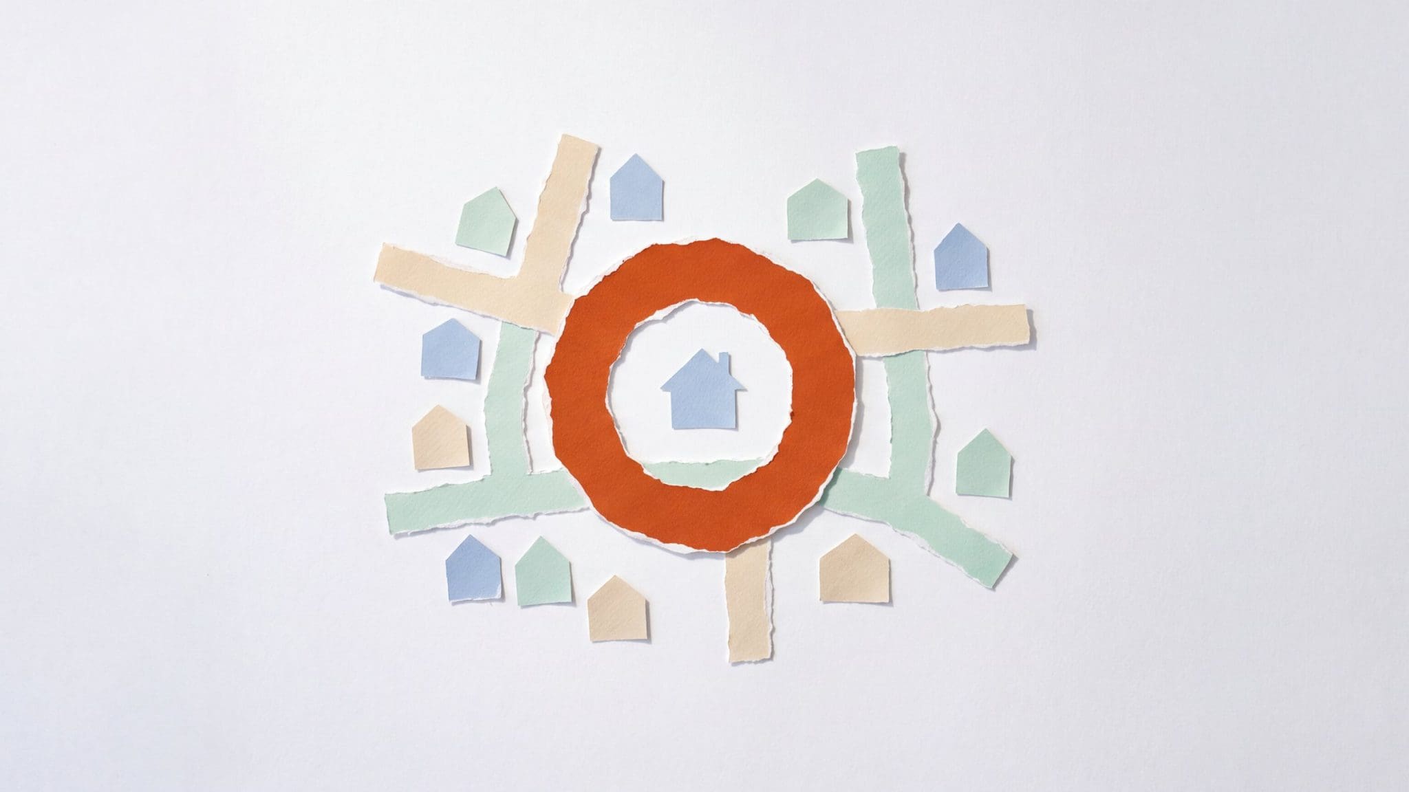 Torn-paper neighbourhood map with a burnt-orange ring drawn around one house, the other houses outside it