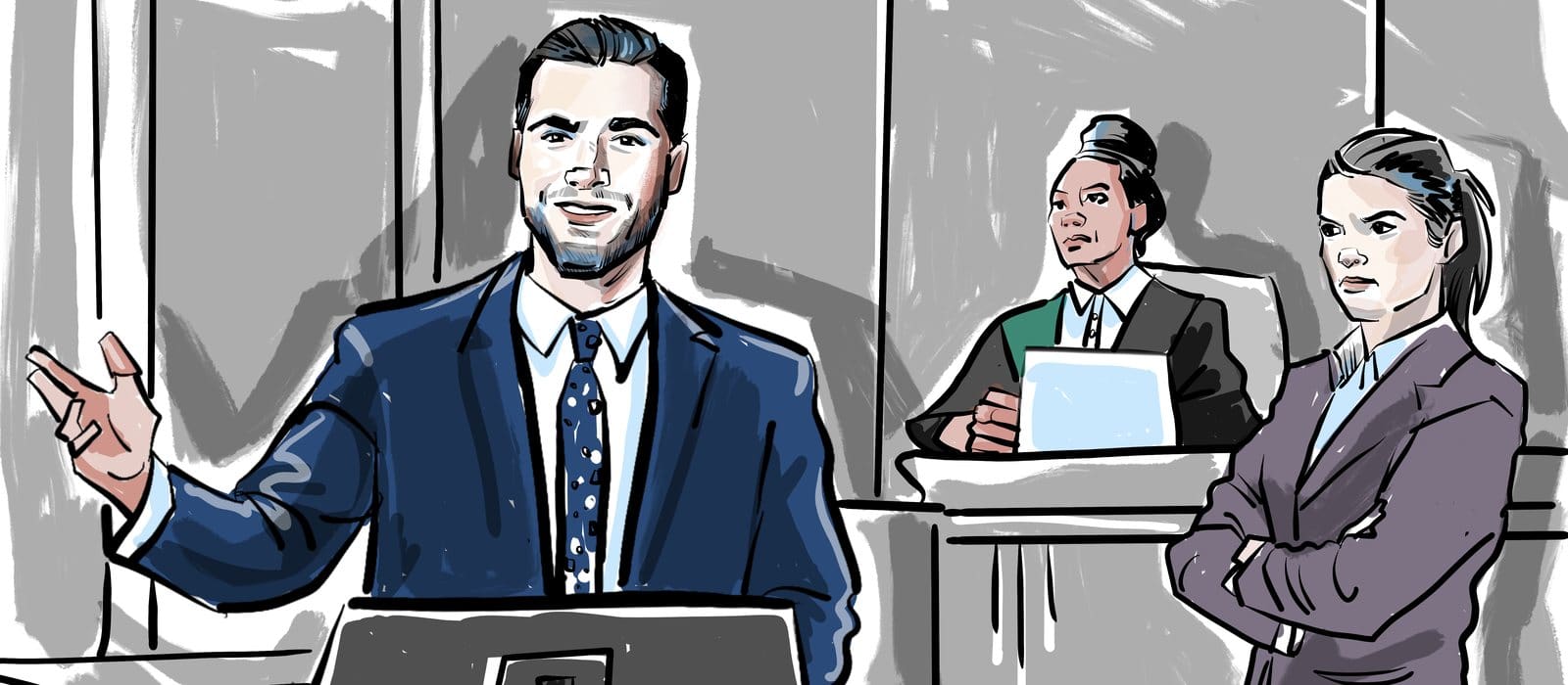 Court sketch of defence counsel gesturing during submissions at the lectern, with the judge and Crown counsel behind