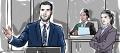 Court sketch of defence counsel gesturing during submissions at the lectern, with the judge and Crown counsel behind