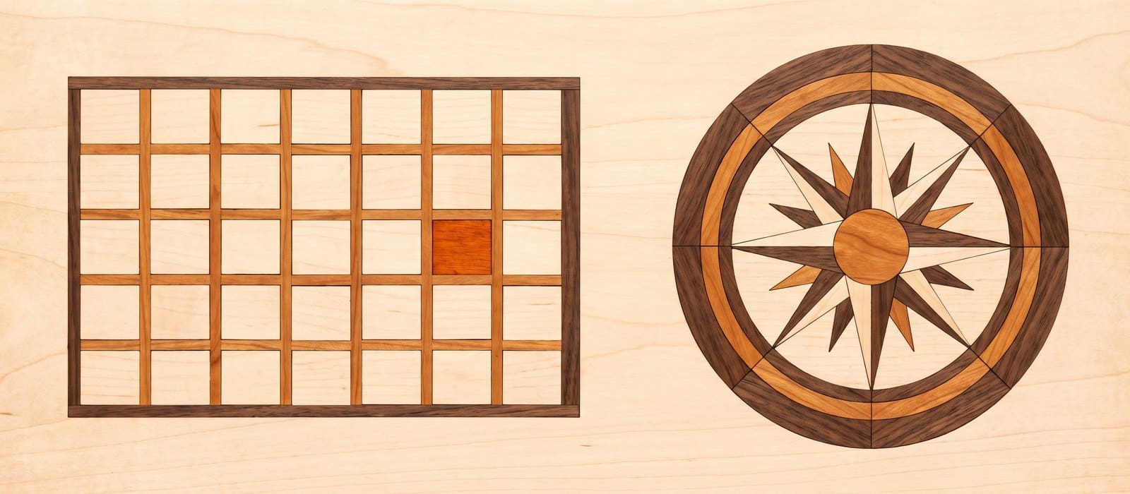 Marquetry wood-inlay panel of a calendar grid with one burnt-orange square beside a walnut and cherry compass rose