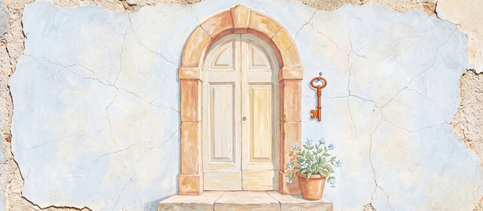 Fresco mural of an arched front door with an orange key hanging on a hook beside it