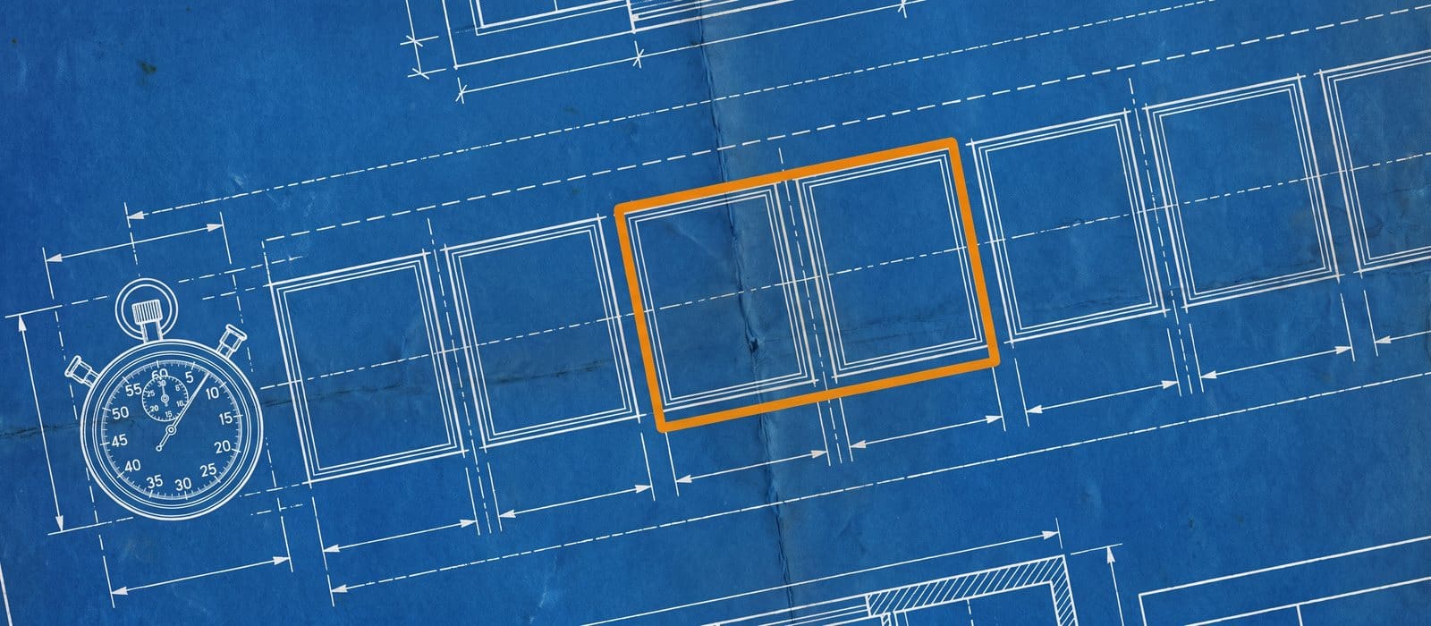 Blueprint drawing of a timeline of frames beside a stopwatch, one frame outlined in orange