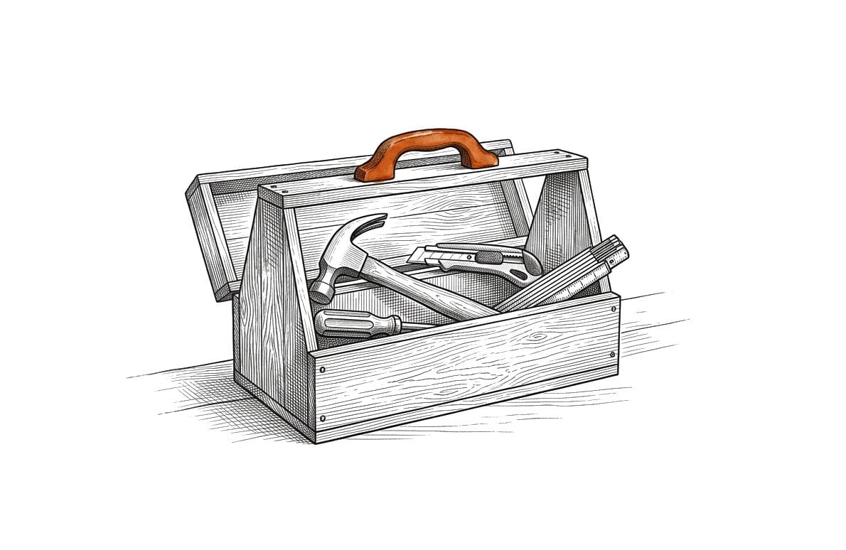Etching of an open wooden toolbox holding a hammer, a utility knife, a screwdriver, and a folding ruler, on white paper