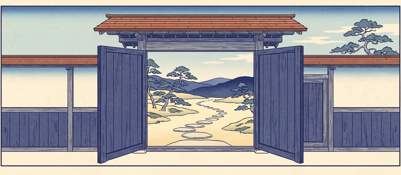 Japanese woodblock print of a wooden garden gate standing wide open onto a stepping-stone path and distant hills