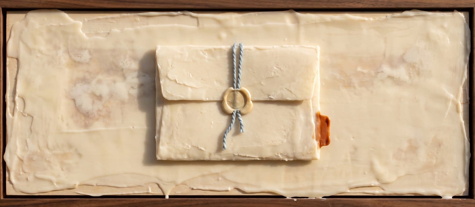 Encaustic wax painting of a closed cream document folder fastened with a round clasp and blue-grey string