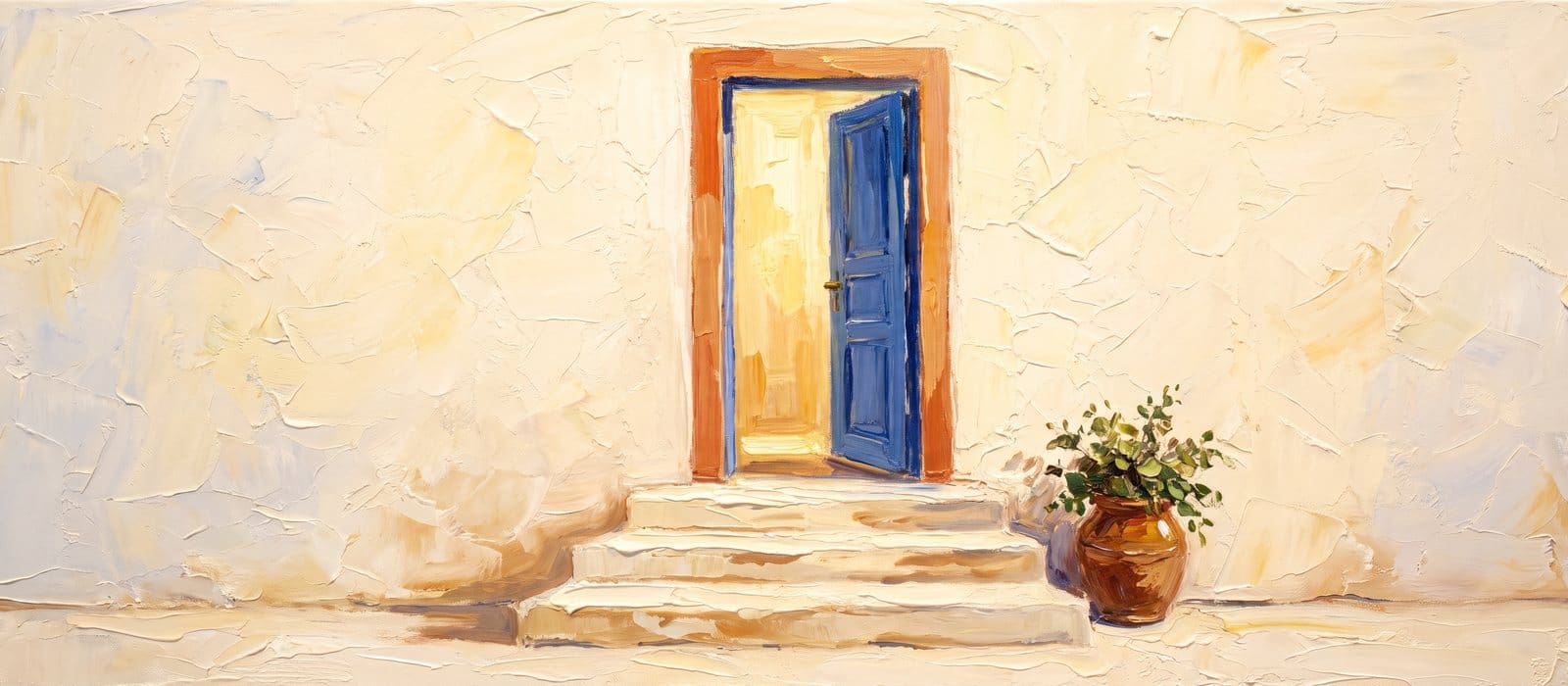 Impasto oil painting of cream stone steps rising to an open ultramarine door in a burnt-orange frame, daylight glowing through