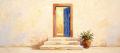Impasto oil painting of cream stone steps rising to an open ultramarine door in a burnt-orange frame, daylight glowing through