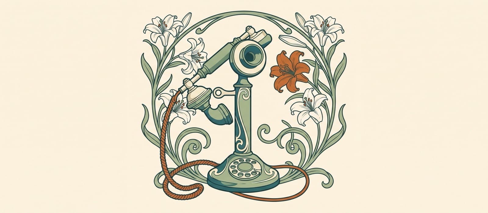 Art Nouveau lithograph-style illustration of a vintage candlestick telephone with its receiver lifted, framed by lilies and curling vines, with a burnt-orange cord and lily