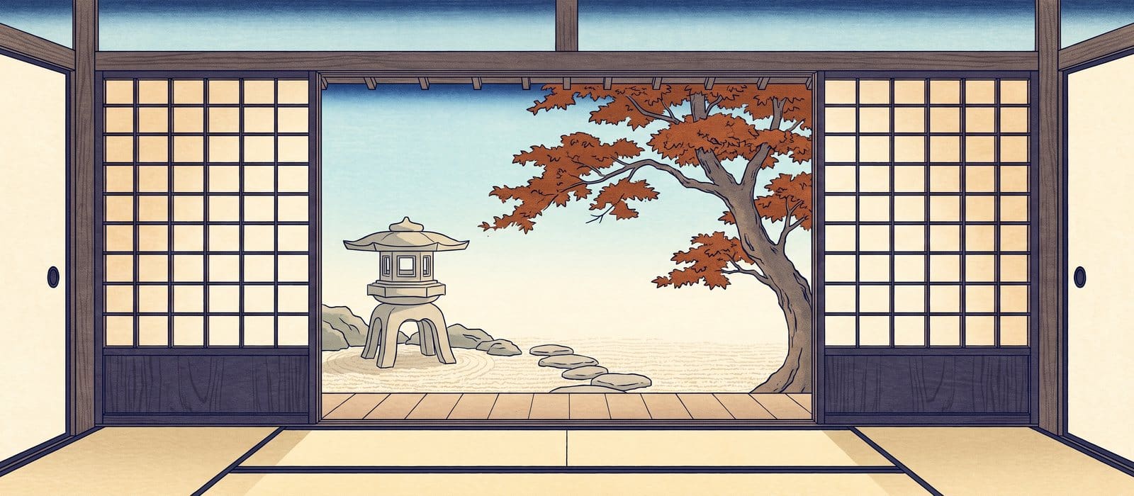 Japanese woodblock print of sliding shoji doors slid open onto a garden with a stone lantern and an orange maple