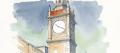 Urban sketch in pen and watercolour of a stone civic clock tower with a blank clock face against an open sky
