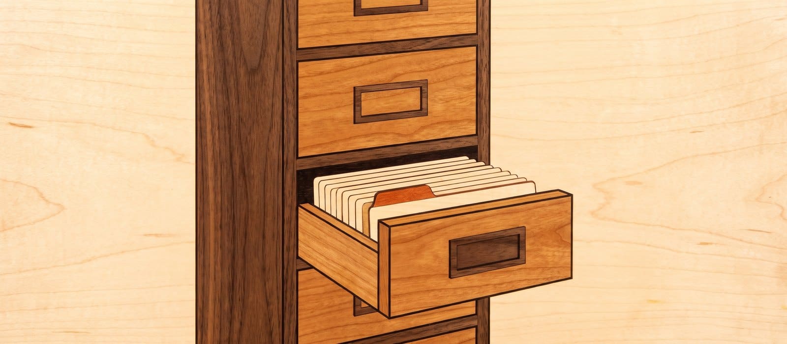 Marquetry wood-inlay panel of a walnut and cherry filing cabinet with one drawer open, a burnt-orange index card among pale cards