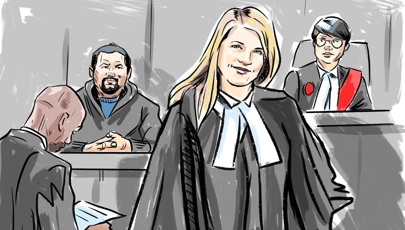 Court sketch of a criminal trial showing robed defence counsel, the judge, the accused and Crown counsel reviewing notes