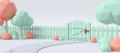 Low-poly 3D render of a closed mint garden gate in a picket fence across a curving path, with a burnt-orange latch