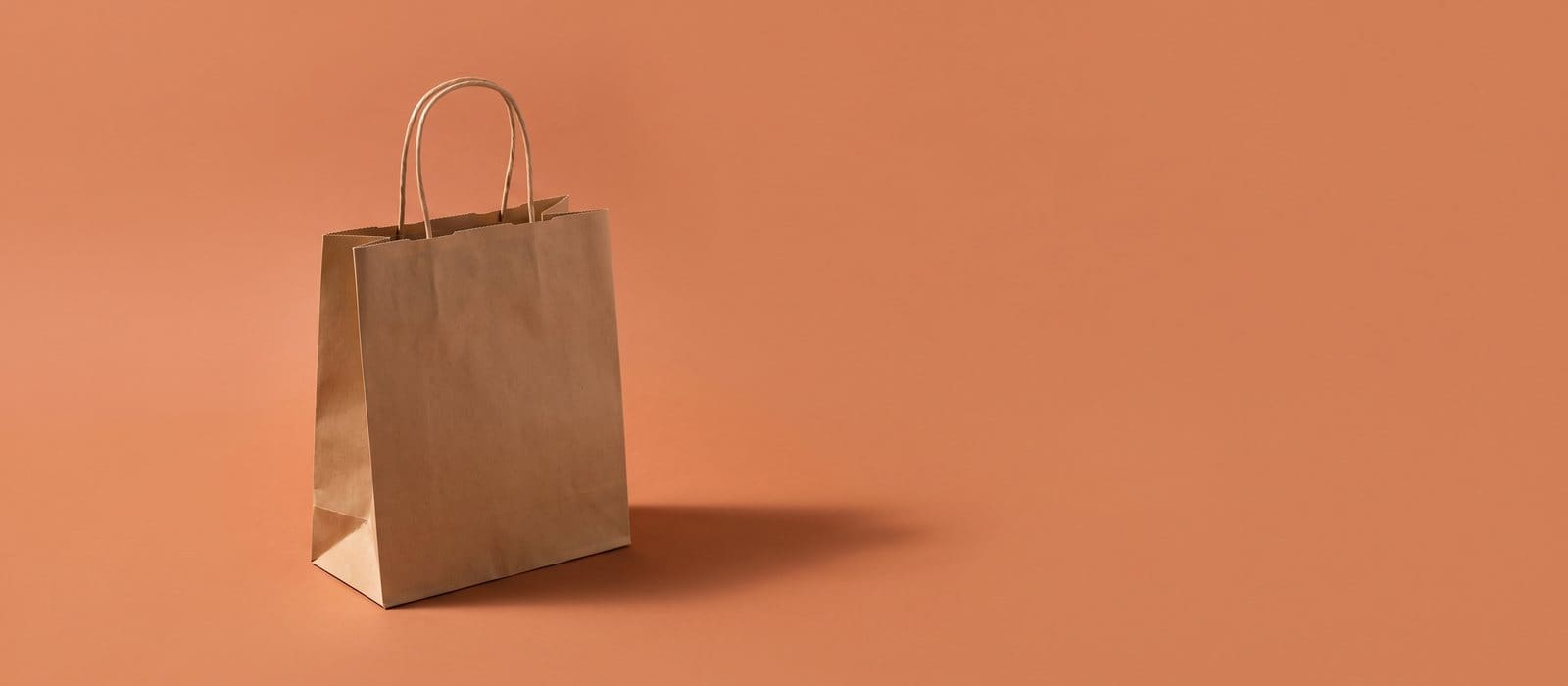 An empty kraft paper shopping bag on a terracotta backdrop, representing a shoplifting allegation