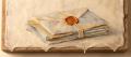 Encaustic wax painting of a stack of sealed envelopes tied with a pale gold ribbon and closed with an orange wax seal