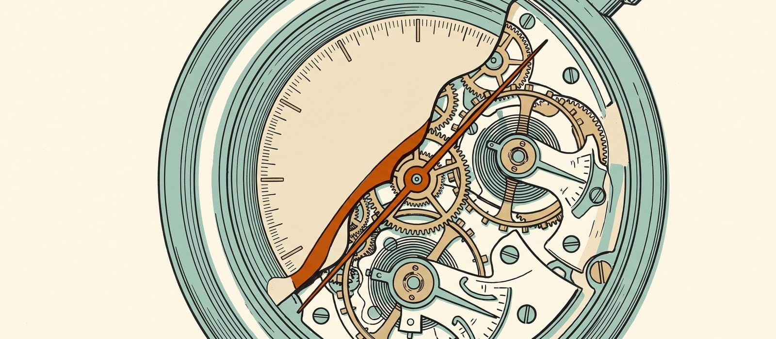 A retro technical-manual illustration of a mechanical stopwatch opened to show its gears, with a burnt-orange sweep hand