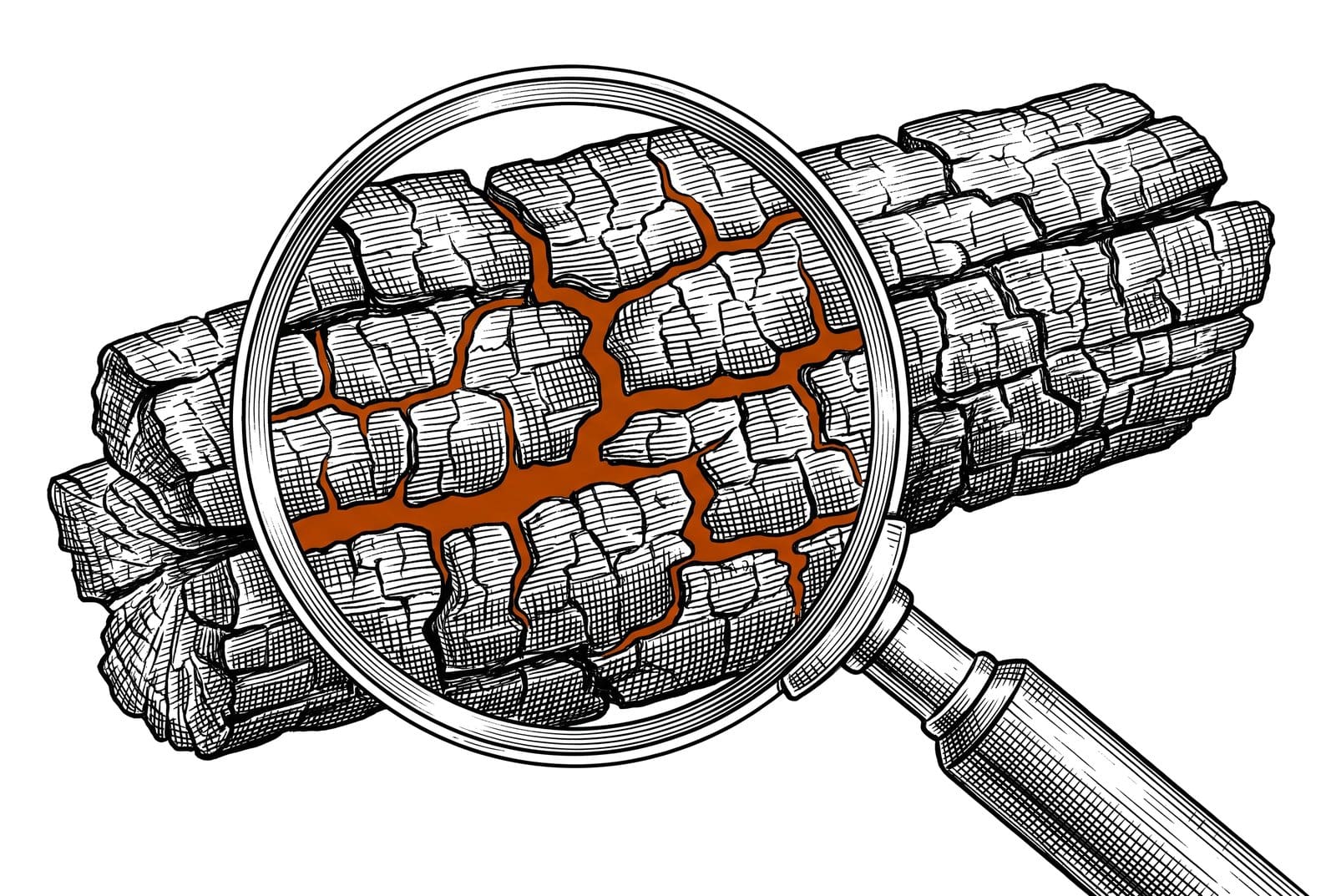 Etching of a magnifying glass held over a cracked piece of charred wood, with burnt orange glowing in the cracks, on white paper