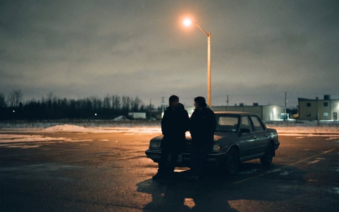 Two silhouetted figures talking beside a parked car in an empty lot at night