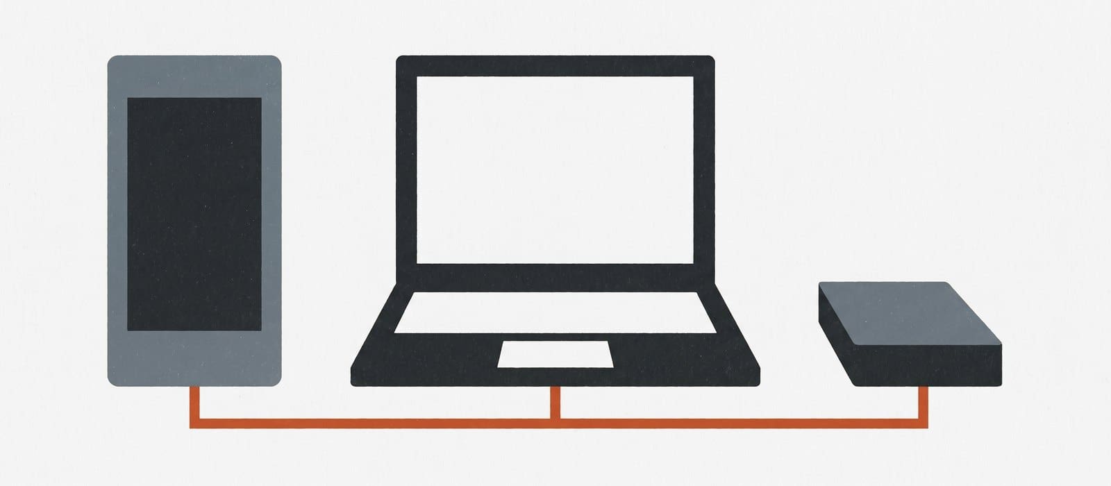 Illustration of a smartphone, a laptop and an external drive joined by an orange cable