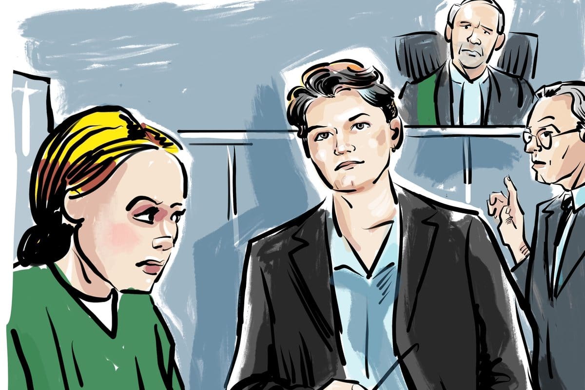 Court sketch of defence counsel standing beside the client in court, with the judge on the bench behind