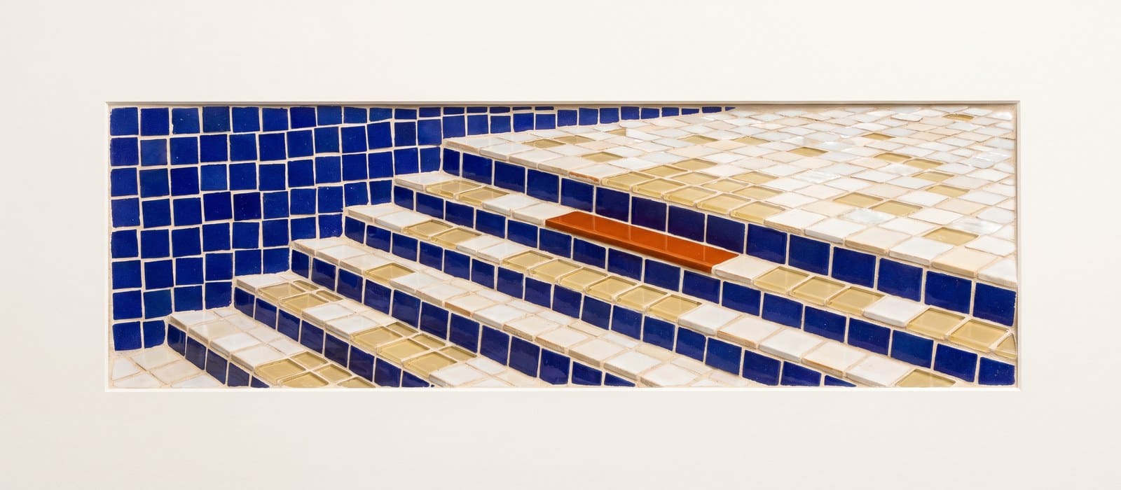 Mosaic tile artwork of a flight of stairs ascending toward a bright landing, with one step in burnt orange