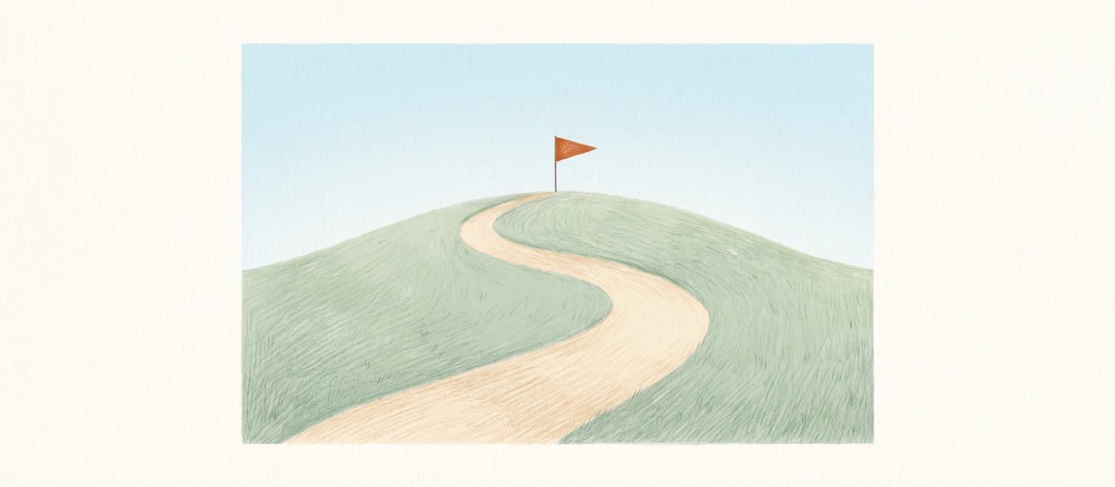 Coloured-pencil drawing of a sandy path winding up a green hill to a small orange flag under a clear blue sky, representing diversion and a way forward