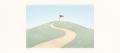Coloured-pencil drawing of a sandy path winding up a green hill to a small orange flag under a clear blue sky, representing diversion and a way forward