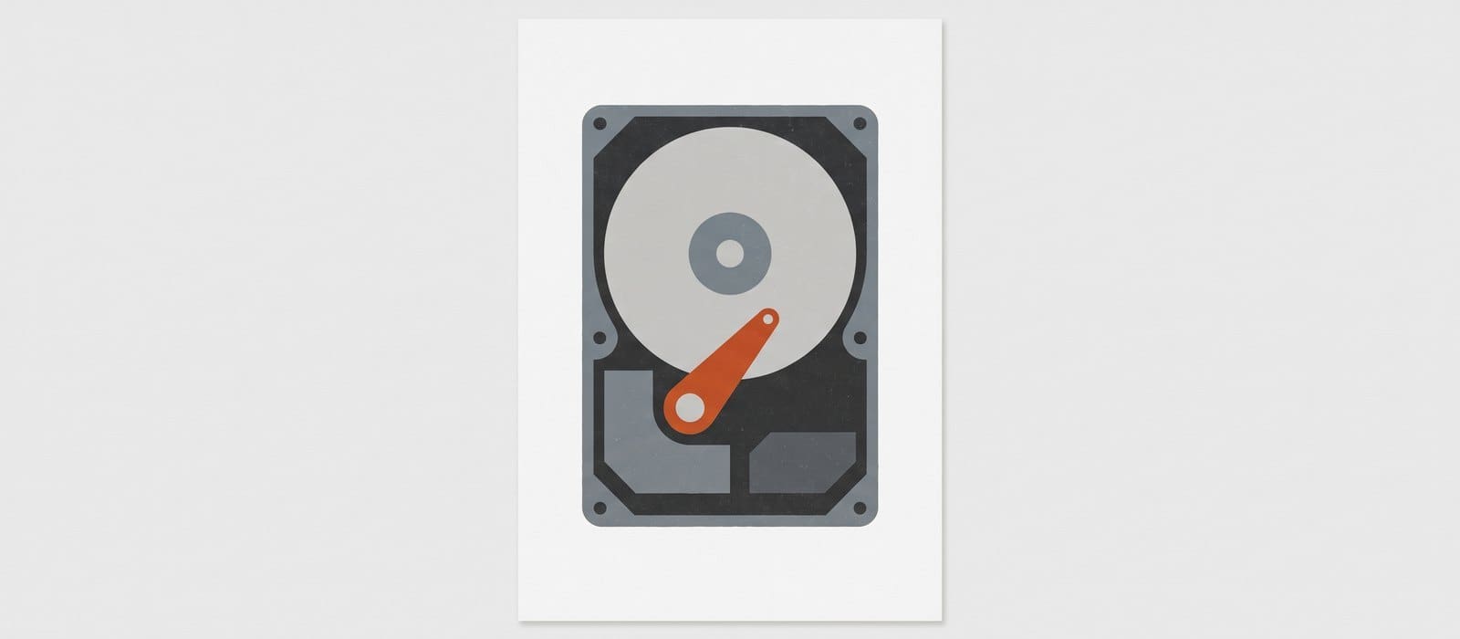 Screenprint-style illustration of an open computer hard drive with an orange read arm, representing digital evidence