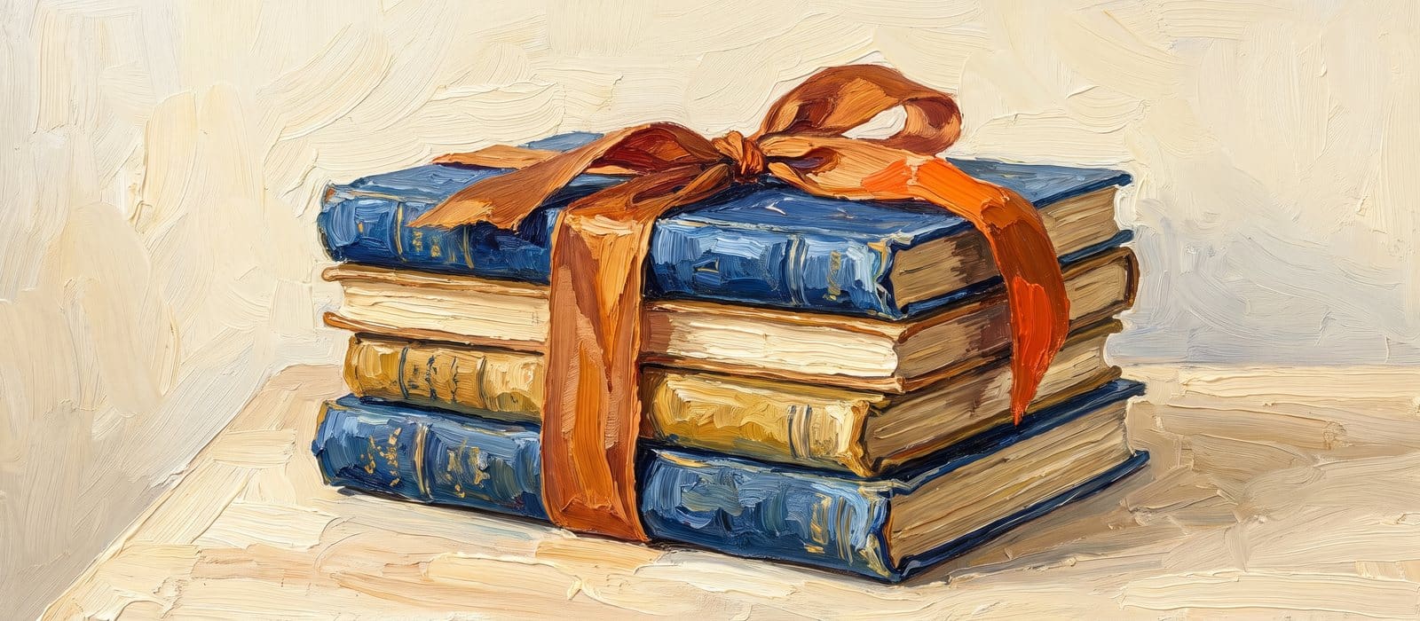 Impasto oil painting of a stack of ultramarine and ochre bound books tied with a burnt-orange ribbon