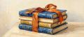 Impasto oil painting of a stack of ultramarine and ochre bound books tied with a burnt-orange ribbon